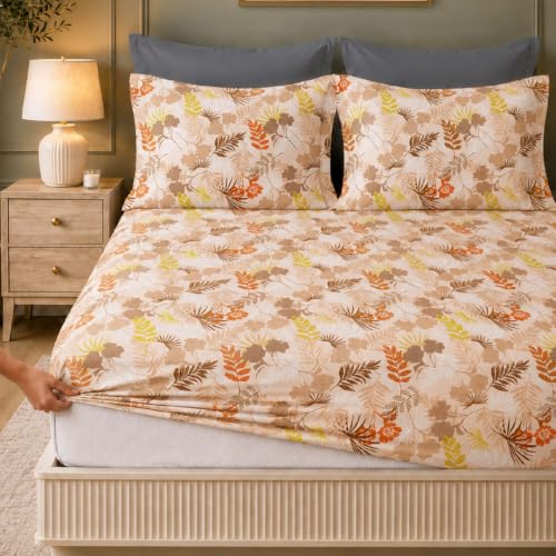 Image of LANE LINEN Symphony | 100% Cotton Sheet Set | Soft & Breathable Fabric | 3 Piece (1 Bedsheet + 2 Pillow Covers) | King Bed Sheet Set - Rust and Yellow Floral