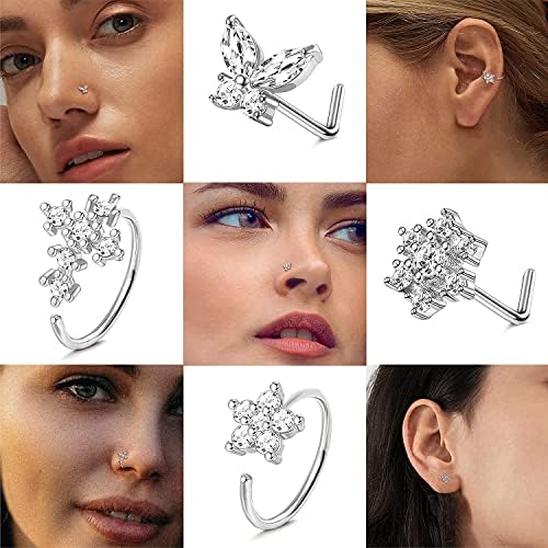 LOLIAS 6PCS 20G 925 Sterling Sliver Nose Rings Hoop L Shaped Studs Nose Ring for Women Men Paved CZ Lined Flower Cross Nose Ear Piercing Jewelry