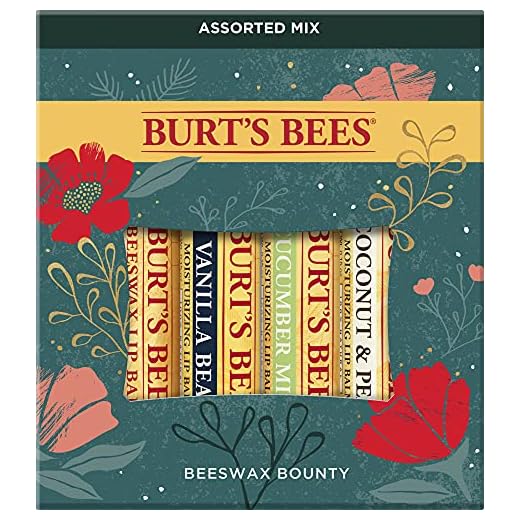 Burt’s Bees Holiday Gift, 4 Lip Balm Stocking Stuffer Products, Beeswax Bounty Assorted Set - Original Beeswax, Vanilla Bean, Cucumber Mint & Coconut Pear (New Verison)