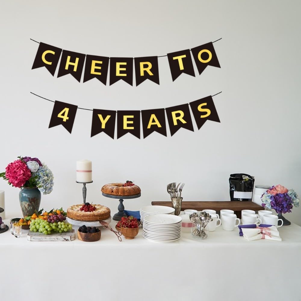 CHEERS TO 4 YEARS Banner, Pre-Strung, Black Gold 4th Birthday and Anniversary Party Decorations, Happy 4th Birthday Banner, Four Anniversary Party Bunting, 4 Year Old Blessed & Loved Flag