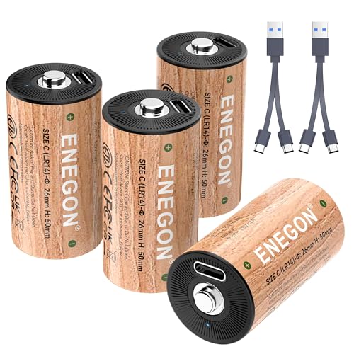 ENEGON Rechargeable Lithium C Batteries 4 Pack, 12950mWh Rechargeable Lithium-ion C Cell Battery with 2 in 1 USB-C Charging Cable, 1.5V Batteries C Size for Floodlight Toys, Water Heater, Gas Stove.