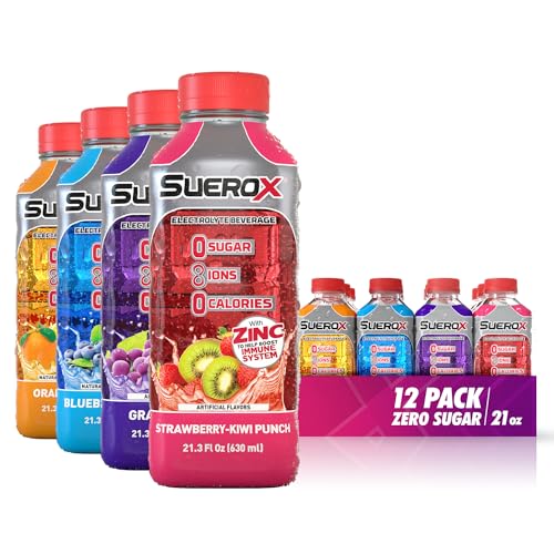 SueroX Zero Sugar Electrolyte Drink for Hydration and Recovery, Unique Blend of Electrolytes & 8 Ions, Zero Calorie Sports Drink, 21.3 Fl Oz, Variety Pack, 12 Count