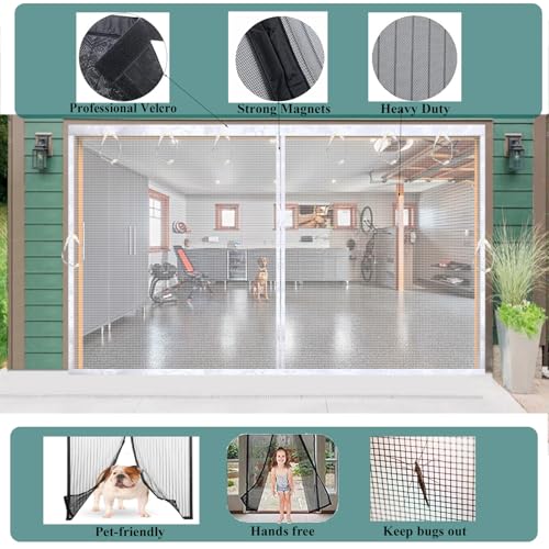 Image of Magnetic Garage Door Screen 16x7ft Mesh Net Curtain, Pets friendly, Retractable Fiberglass doors Cover Closure for Carport Patio sunroom balcony porch gazebo backyard greenhouse RV (White, for 16x7ft)