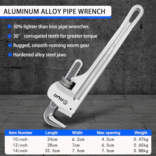 Image of Aluminum Pipe Wrench Set, 10 inch, 12 inch, 14 inch, 3-piece, 40% Lighter, Heavy Duty Adjustable Plumbing Wrench Set, Wider Application Range