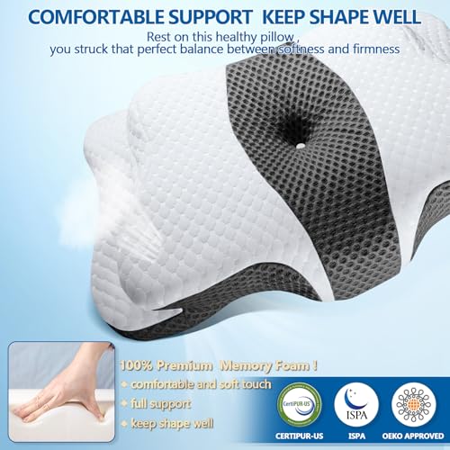 Memory Foam Pillows, Cervical Pillow for Neck and Shoulder Pain Relief, Ergonomic Contour Bed Pillow, Soft for Side Sleep Stomach Sleeping and Back Sleeper
