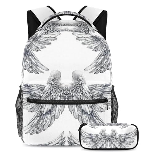 Grand sac à dos ailes d'ange blanc grand format avec trousse scolaire résistante