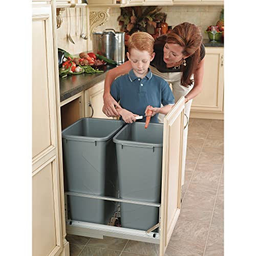 Rev-A-Shelf 5349-2150Dm-217 Double 50-Quart Kitchen Cabinet Pull Out Waste Container Storage With 2 Trash Cans And Wire Basket, Silver #TOP1