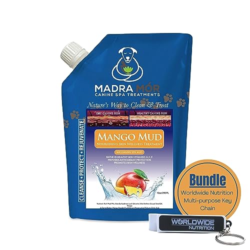 Worldwide Nutrition Bundle: Madra Mor Mango Mud - Dog Essentials Mud Bath, Dog Grooming, Dry Skin for Dogs Treatment, Dog Coat Skin Care Products - 10oz Pouch & Multi-Purpose Key Chain