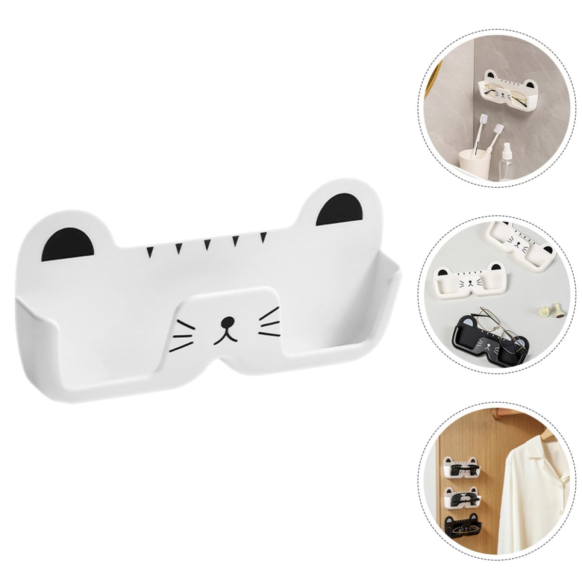 UKCOCO Wandmontierter Brillenhalter Katzenform aus Abs Platzsparender Bohrfreier Brillenaufbewahrungsorganizer Praktisches Sonnenbrillen Lesebrillen etui für Zuhause Weiß