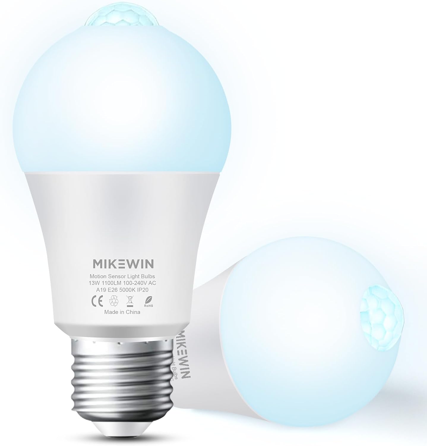 MikeWin Motion Sensor Light Bulbs Outdoor 2 Packs 13W(100W Equivalent) Security LED Bulb, Indoor E26, A19, 5000K Daylight Dusk to Dawn Bulb for Garage Front Door Porch Stairs Hallway