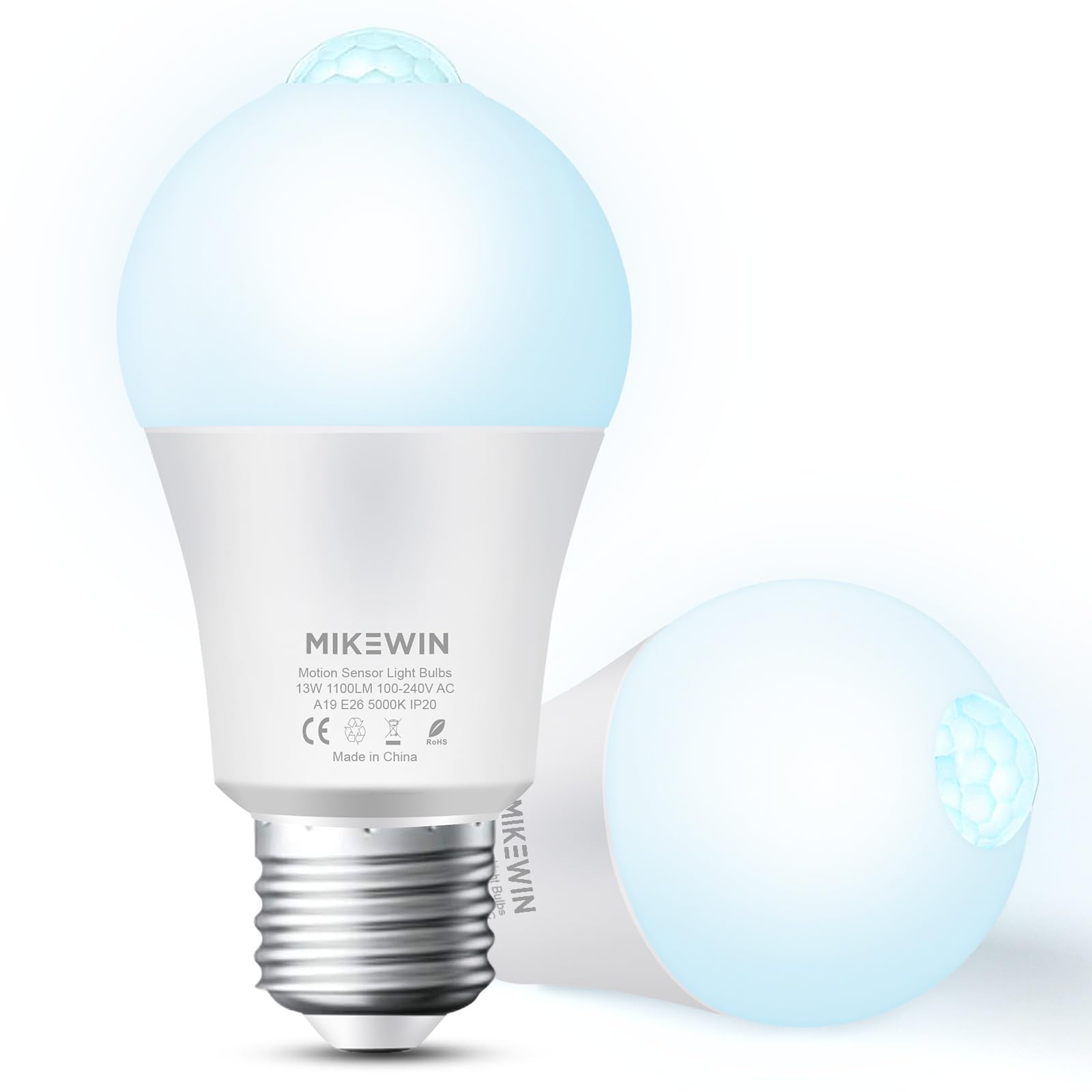 MikeWin Motion Sensor Light Bulbs Outdoor 2 Packs 13W(100W Equivalent) Security LED Bulb, Indoor E26, A19, 5000K Daylight Dusk to Dawn Bulb for Garage
