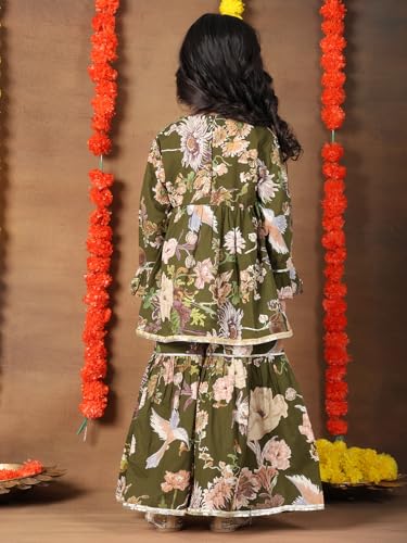 Image of superminis Girls Cotton Floral Printed Gotta Work Full Sleeves Kurti and Matching Sharara Ethnic Wear Set