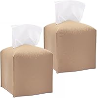 HOMOTEK 2 Pack Beige PU Leather Square Tissue Box Cover - 5x5x5 Decorative Holder for Bathroom, Desk, Car, Nightstand