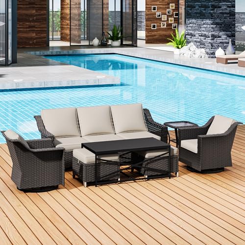 Image of 7 Pieces Outdoor Conversation Furniture Set - 77 inch Patio Sofa, 2 Swivel Rocker Chairs, 2 Ottomans, 1 Side Table, 1 Metal Table, Wicker Couch with Washable Cushions for Balcony (Beige) | Patio Chair Set with Olefin Removable Cushion, All-Weather Outdoor Couch with Deep Seat for Porch, Deck and Backyard, Beige