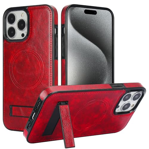 Custodia magnetica per iPhone 15 pro Compatibile con Magsafeï¼½ ricarica staffa nascosta forte custodia protettiva per 15 pro wireless pelle sintetica rosso