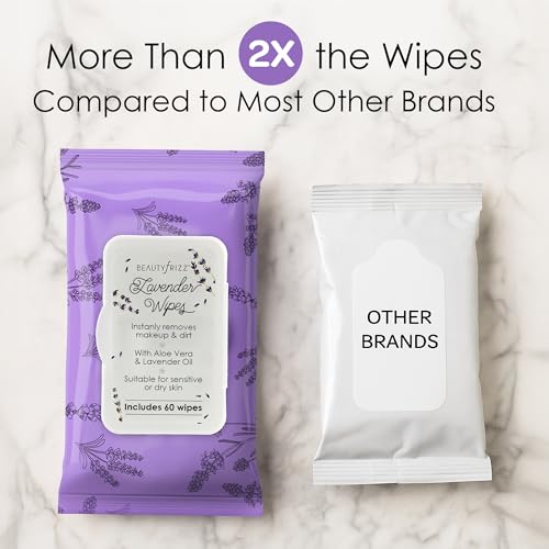 beautyfrizz lavender face wipes - 120 pcs - gentle makeup remover wipes for women - facial cleansing wipe with aloe castor vitamin a and e - extra soft - moisturizing