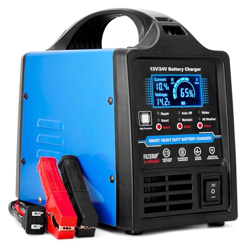 12V 24V Lead-Acid Battery Charger Heavy Duty, 0-15A Smart Automatic Battery Maintainer, Trickle Charger with Repair, Auto Off, Winter & Summer Mode, for Car Truck Boat Motorcycle RV Lawn Mower (Blue)