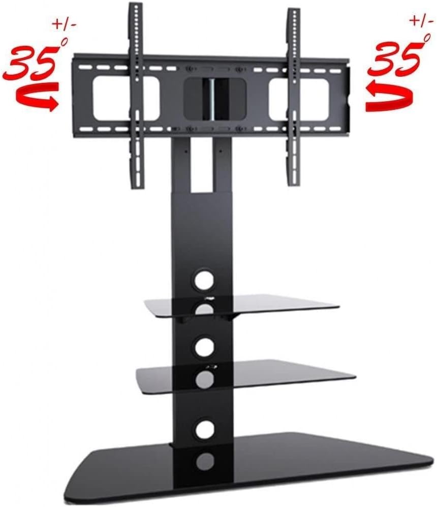 2xhome - TV Stand - Universal Modern TV Stand with Integrated Swivel 35 Degree Monitor Plasma Three 3 Display Black Glass Shelf Surfaces Mount Bracket 38 40 43 45 47 50 55 60 65