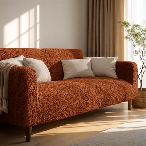 Image of Bellissima Sofa Covers - Premium Luxury Microfibra Plain Stretchable Sofa Cover 2 Seater Fully Covered Slipcover, Imported from Italy (Terracotta)