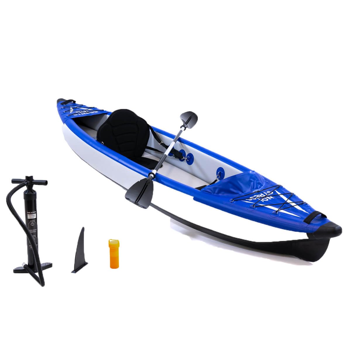 No Stress Kajak Einsitzer 350 cm I Inflatable Kajak mit Dropstitch-Technologie I Hervorragender Richtungstabilität, 3-Kammer-System I Inkl. Paddel, Sitz, Pumpe, Finne, Rucksack, Repair Kit