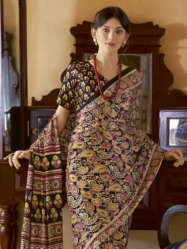 Image of SAREE MALL Women's Ajrkh Print Satin Crepe Polka Dot Printed Saree With Unstitched Blouse Piece
