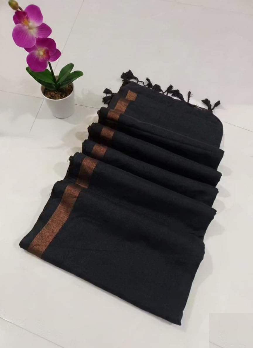 Elegant Cotton linen Saree with Silver Border and Tassels | Traditional Ethnic Wear for Women