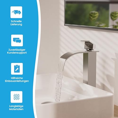 Bächlein Badarmatur Tamina hoch in Wasserfall-Design, extra hoher Einhebelmischer mit Montage-Set für Aufsatzwaschbecken, Bad Wasserhahn Edelstahl gebürstet