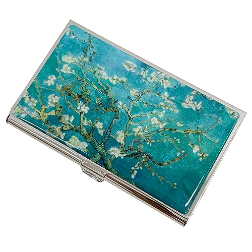 Image of Mother of Pearl Business Card Case Credit Id Name Holder Travel Wallet Art Painting Design Metal Stainless Steel Engraved Slim Purse Pocket Cash Money Wallet (Almond Blossom)