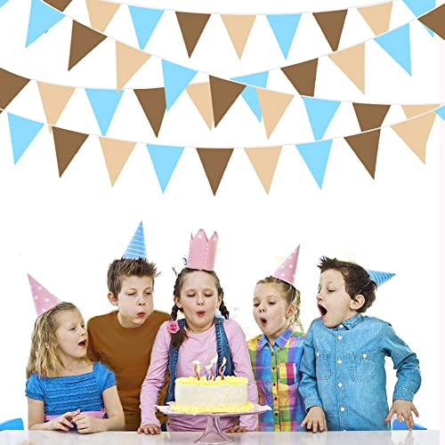 Image of 32Ft Brown Blue Party Decorations Brown Blue Pennant Banner Fabric Triangle Flag Bunting Garland Streamers for Teddy Bear Safari Wild Baby Shower Gender Reveal Birthday Theme Party Decor