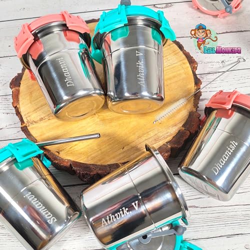 Image of LiLLMONKiDZ Stainless Steel Tumbler for Kids | Tumbler Glass with Straw for Kids | Steel Tumbler with Lid, Straw, Cleaning Brush and Silicon | (Sea Green, 300ml) (Personalized with Name 1 Pc)