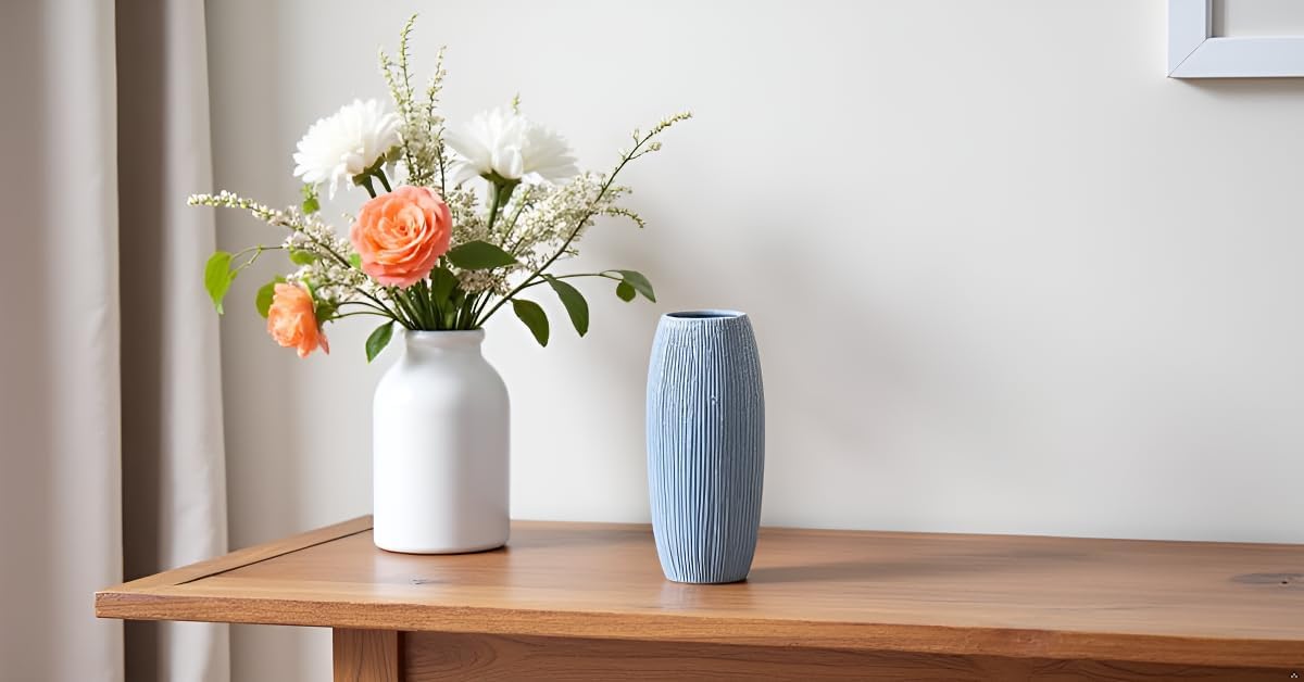 Premium Blue Ceramic Vase – Ribbed Tall Flower Vase for Home Décor, Modern Minimalist Table Centerpiece, Pampas Grass, Dried Flowers, Shelf & Living Room Decoration - Image 2
