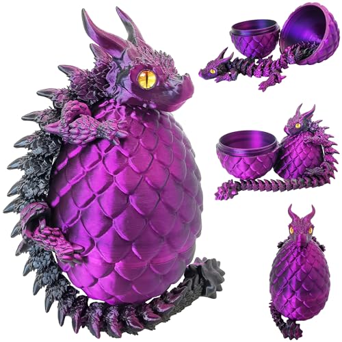 3D Printed Dragon Eggs with Dragon Inside, Large Articulated Dragons Toys with Eyes, Easter Basket Essentials Stuffers Surprise Eggs Home Decor Executive Desk Toy (Purple+Black)