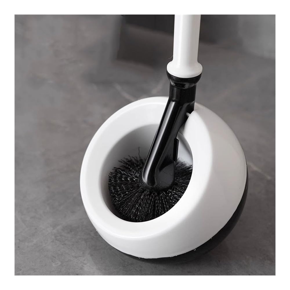 Cepillo de baño, Escobilla de baño Redonda montada en el Suelo con Base Transpirable, escobilla de plástico for Inodoro, escobilla de baño de Mango Largo Blanco y Negro