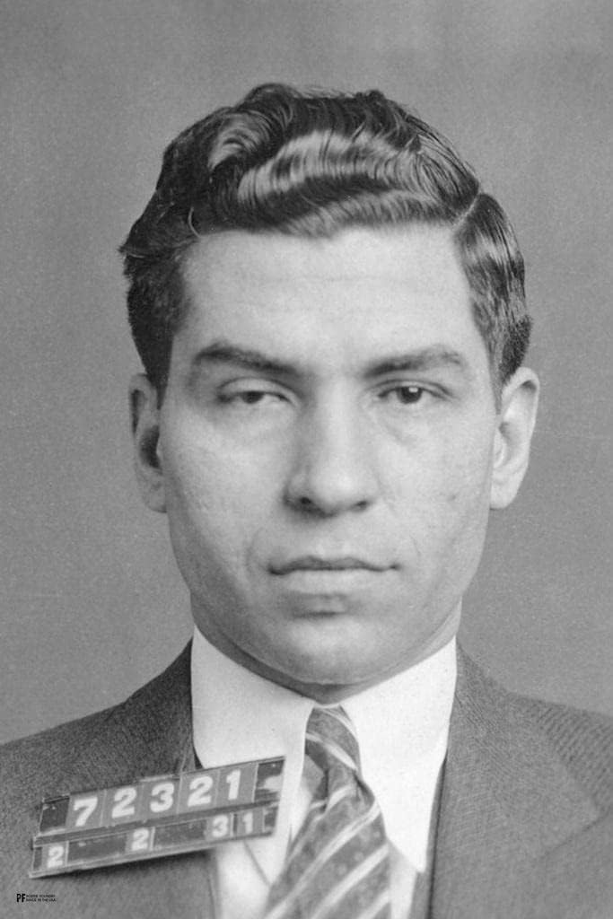 Lucky Luciano Mug Shot Old School Gangster Famous Mugshot Mafia Mobster Portrait Godfather Mob Boss Vintage Black and White Pictures Cool Wall Art Print Poster 24x36