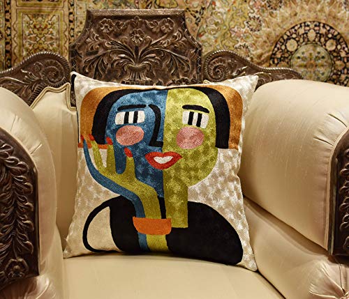 Kashmir Designs Cream Abstract Girl Throw Pillow Cover - Louise | White Mid Century Modern Pillows | Modern Couch Pillow | Modern Outdoor Pillowcase | Hand Embroidered Cushion | Art Silk | Size 18X18 #TOP1