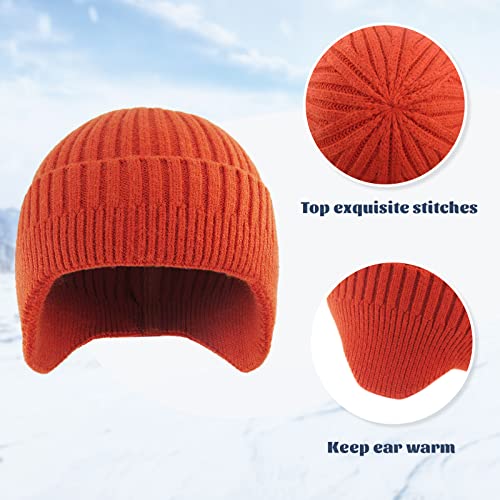 Poximi Men Knitted Hat Women Earflap Winter Hats Mens Wool Cap Warm Skull Cap Slouchy With Ear Warmer (Orange Red, One Size) #TOP1