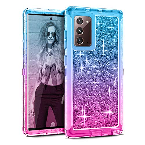 Cellularvilla Glitter Heavy Duty Girly Liquid Bling Quicksand Hybrid Shockproof Hard Bumper Soft Rubber Protective Case Cover Compatible with Samsung Galaxy Note 20 (2020) (Aqua Pink)