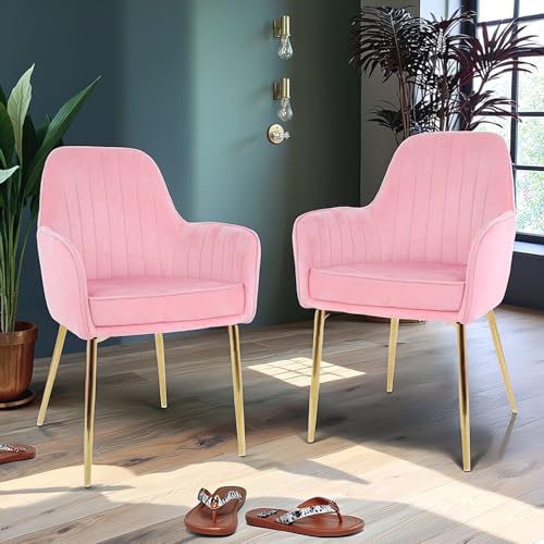 Image of Set of 2 Accent Chair for Living Room | Modern Armchair in Soft Velvet Fabric with Sturdy Legs | Premium Chair for Home Living Room Bedroom Restaurent | (Gold Legs, Baby Pink)