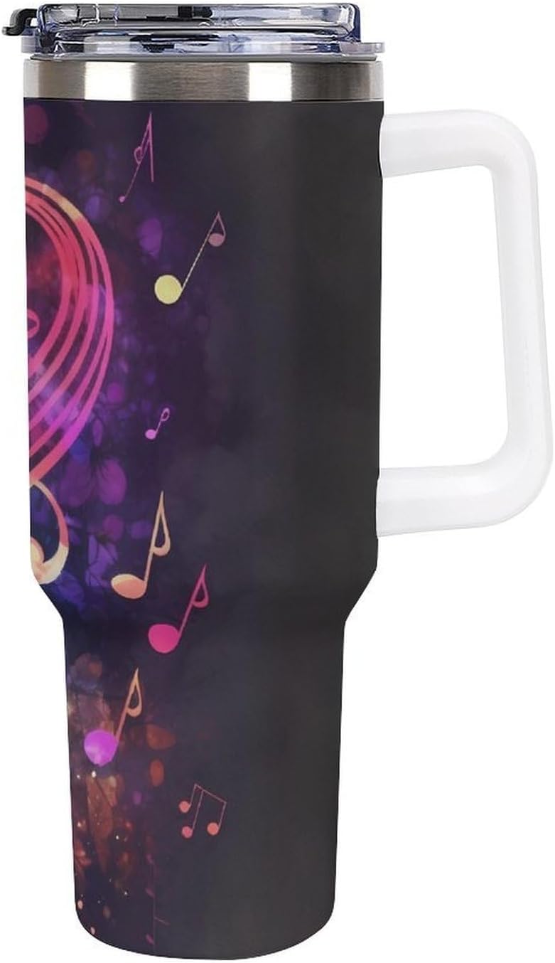 Colorful Galaxy Music Note Travel Coffee Mug Reusable Durable Stainless Steel Insulated Tumbler with Handle And Straw Leak Resistant Portable Thermal Cup Gifts for Men Women 40 Oz