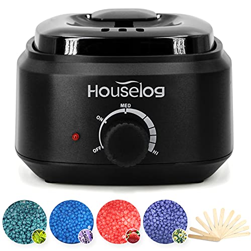 Houselog Wax Warmer Hair Removal Kit with 4 Different Hard Wax Beans and 10Pcs Wax Applicator Sticks for Women and Men (Black)