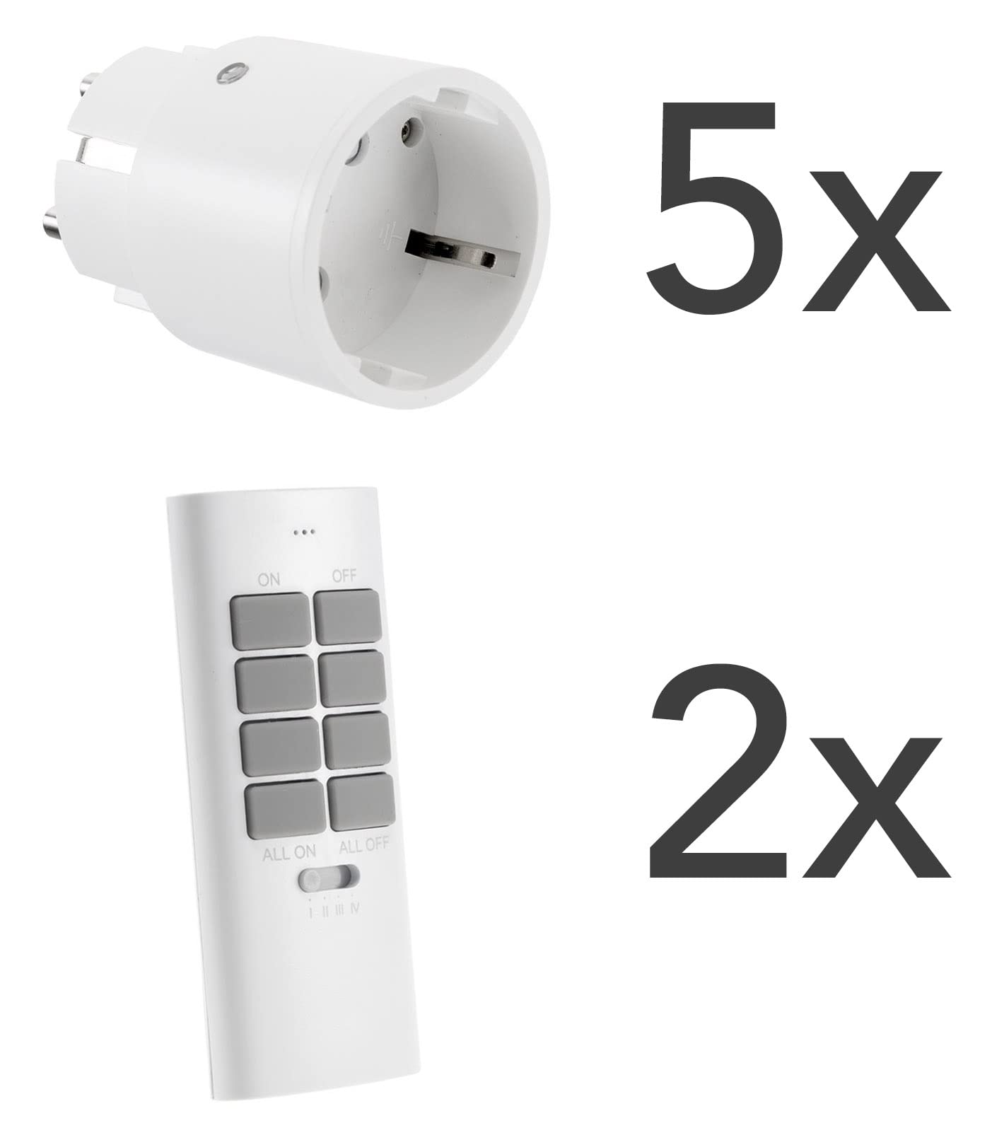 ChiliTec Funksteckdose Set Pilota Casa - 5x Steckdose mit 2x Fernbedienung - Innen max. 30m Reichweite