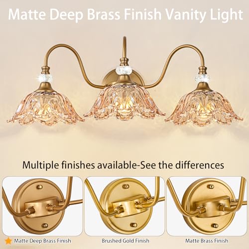Image of Vintage Bathroom Vanity Light, 3-Light Matte Deep Brass Finish Vanity Light with Flower-Shaped Amber Glass Shades, Retro Wall Sconce for Bathroom