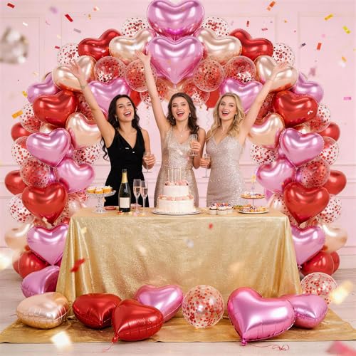 Image of Pink Red Gold Heart Balloons Party Decorations, Heart Shaped Foil and Latex Balloon Decorations Set for Girls Women Anniversary, Valentines, Wedding, Engagement, Baby Shower, Birthday Party Supplies