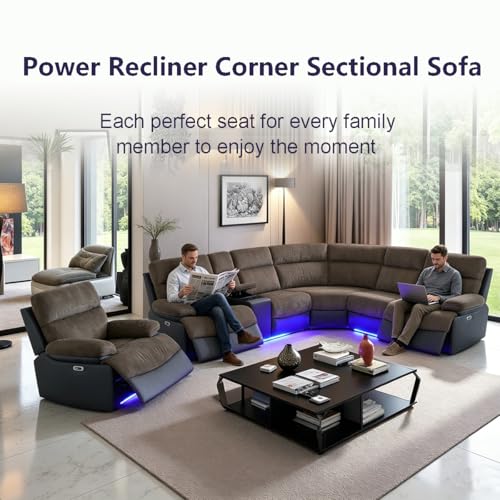 Image of Power Recliner Sectional Sofa Set with LED Lights, L Shaped Reclining Sectional Couch and Chair, Breathing Leather & Corduroy Sofa Set with Coffee Table /USB Port for Living Room