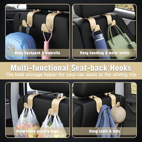 Image of 4-Pack Car Headrest Hooks Holds 55lbs Seat Storage Organizer for Bags | Durable ABS Material, 360 Rotating, Car Hanger for Backpack Umbrella Water Bottle Coat Purses Handbags Groceries, Beige