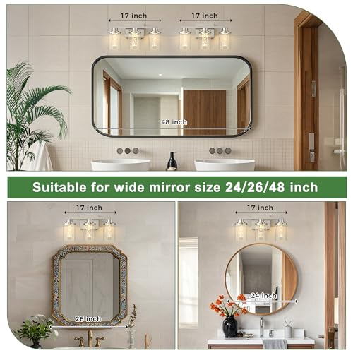 Image of DORESshop 3-Light Brushed Nickel Bathroom Light Fixtures, Crystal LED Bathroom Lights Dimmable Light with Clear Glass Shade,Vanity Lights for Living Room