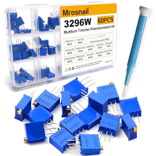MroSnail 60PCS 3296W Multiturn Trimmer Potentiometers Kit 100 Ohm 200 Ohm 500 Ohm 1K 2K 5K 10K 20K 50K 100K 200K 500K with Anti Static Ceramic Screwdriver