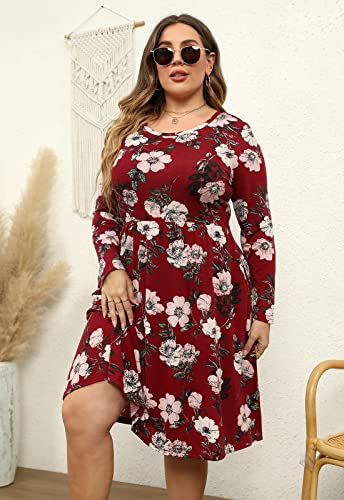 Image of Nemidor Women's Round Neck Long Sleeve Casual Plus Size Fit and Flare Midi Dress with Pocket NEM169