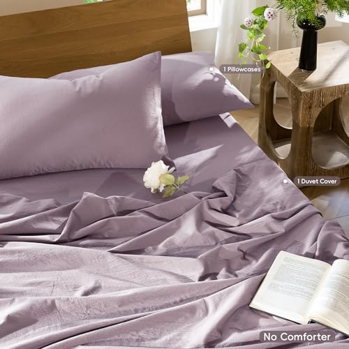 Image of MooMee Duvet Cover Set 100% Washed Cotton Linen Like Twin | Relaxed Linen-like Texture. Soft, Breathable & Long-lasting Comfort. Lightweight. Hidden Zipper with 8 Interior Corner Ties
