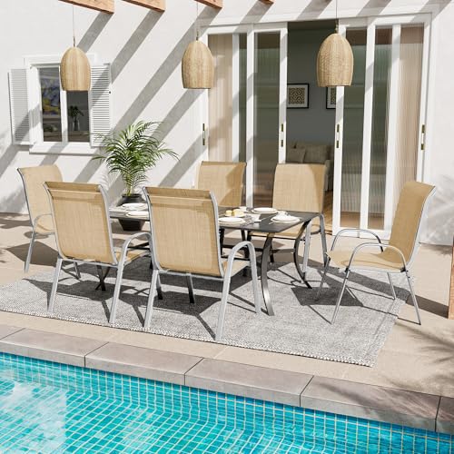 Image of Amopatio Patio Chairs Set of 6, Stackable Outdoor Dining Chairs for All Weather, Silver Frame Outdoor Chair Garden Furniture for Backyard Deck(Beige)